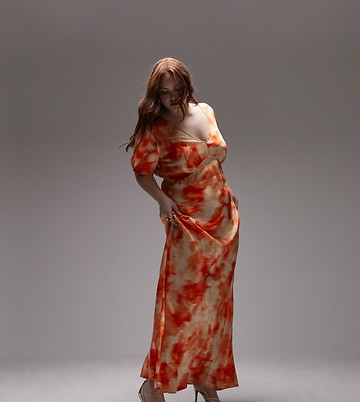 Topshop Curve bias midi dress in orange print