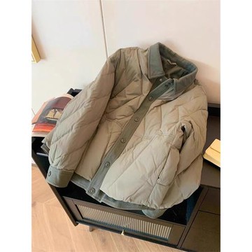 復古寬松休閑保暖夾棉棉衣女秋冬季拼接撞色小眾軍綠色POLO領外套