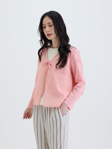 皺光日和長袖罩衫-粉淡橘