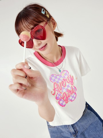 純棉撞色印花短版T恤上衣