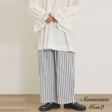 【Samansa Mos2】【Cross×Linen】條紋/素面亞麻側口袋直筒長褲