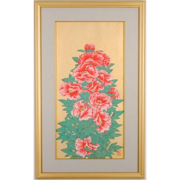 真作保証 金武翠輝 日本画「紅白牡丹」画寸 6号 岐阜県