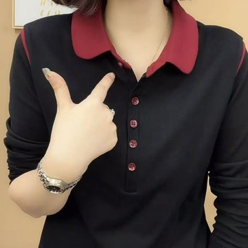 大碼洋氣長袖撞色新款時尚POLO顯瘦減齡百搭女士上衣T恤打底