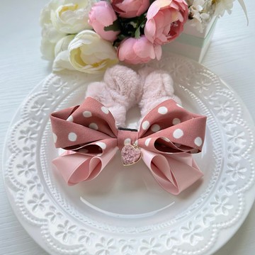 獨家款大人可愛點點拼色蝴蝶結毛絨髮圈大腸圈-煙燻粉