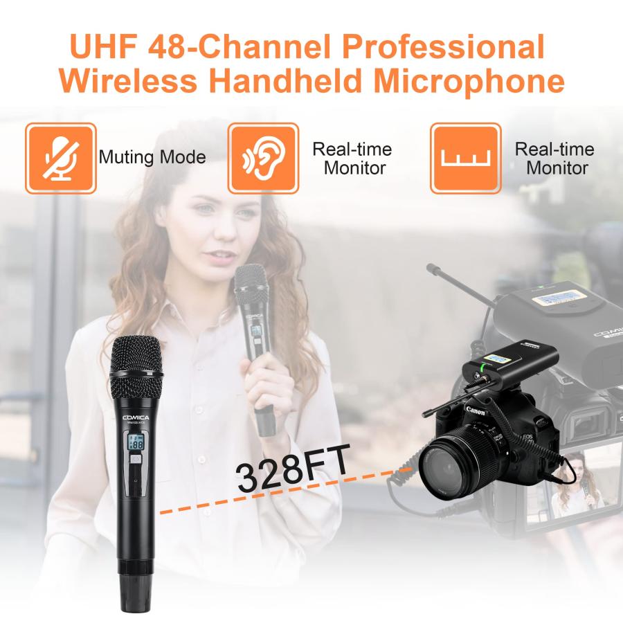 Comica CVM-WM100H Wireless Handheld Microphone with UHF 48 Channels, 328 ft Wireless Range,Real time Monitor, LCD Display, Wireless Microphone for Cam