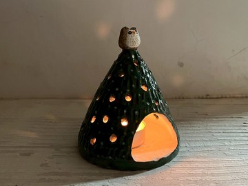 聖誕小樹蠟燭燭台-貓頭鷹和耶誕樹(售完再製款)_陶飾燭台