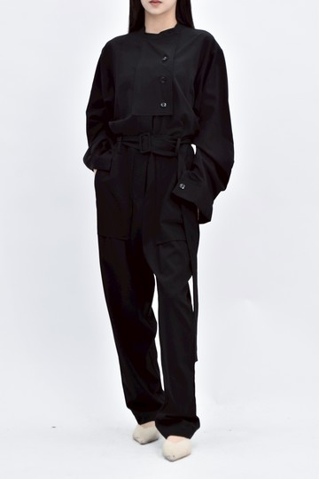 (XL) 1968高腰長袖黑色綁帶連身裝