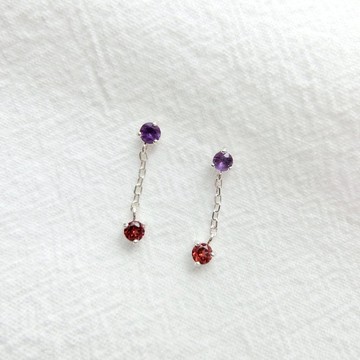 石榴石紫水晶925純銀雙寶石鍊子耳環