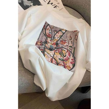 油畫印花白色短袖inst卹女夏季新款韓版寬鬆港式百搭純棉半袖上衣