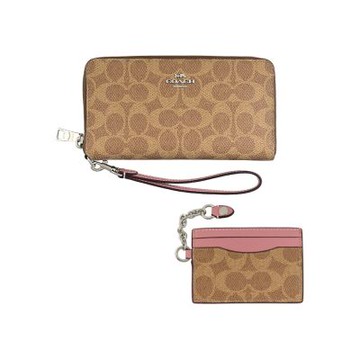 COACH棕色C LOGO PVC附活動卡夾手掛帶拉鍊長夾