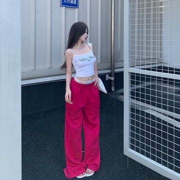 實拍 酷辣蕾絲拼接高腰寬鬆休閒褲女 新款鬆緊腰運動闊腿褲潮 約會出街穿搭寬褲 夏季穿搭垂墜感長褲