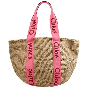 CHLOE Woody 經典織帶草編肩背托特包.桃粉邊