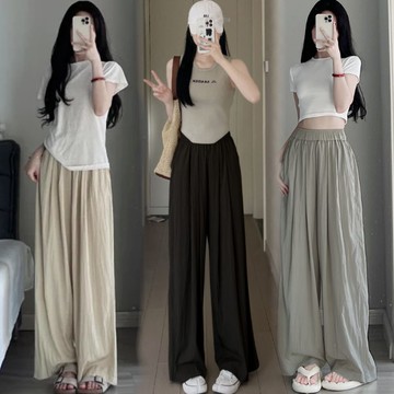 M-4XL韓版慵懶風鬆緊褶皺薄款垂感休閒長褲 寬鬆直筒落地褲 山本褲 涼涼休閒長褲(3色)中大碼女裝-凱西娃娃