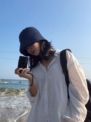 黑色小沿漁夫帽女夏天日系百搭遮陽防曬帽韓版休閑盆帽小眾太陽帽1入