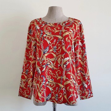 復古黃紅巴洛克印花女款長袖襯衫 中