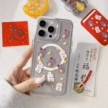 Twinko💗[CA1956]招財好運款-黑白滿版招財貓*水晶透明殼/磁吸殼/PHONE16 15 14 13防摔殼