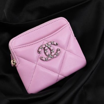 CHANEL 19系列 金屬雙C LOGO羊皮5卡吐司零錢包/名片夾(粉/銀)