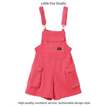 網紅樹莓紅牛仔背帶褲女夏季高腰顯瘦小個子寬松休閑直筒闊腿短褲