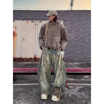 ☆LimeLight☆ UNF 廢土風 割破 做舊 牛仔褲 解構 寬鬆 直筒 闊腿 長褲 廣州連線 UNF-001