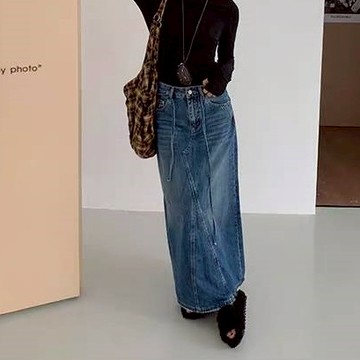 平價衣著 後開岔牛仔長裙 開叉牛仔裙 高腰牛仔裙 開衩 中大尺碼 牛仔長裙 高腰長裙 開衩長裙 A字長裙 長裙 裙子