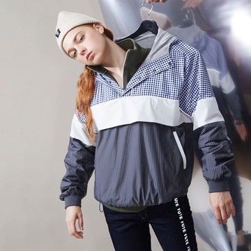 【中性款】套頭連帽拼接上衣 / 深藍拼接色