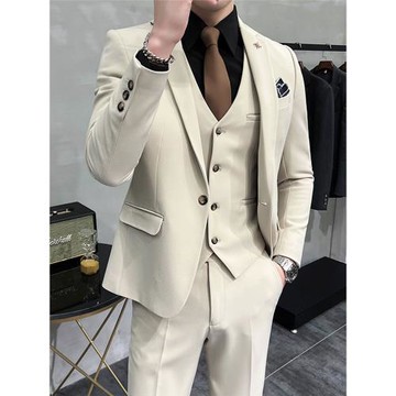 杏色高級感西裝男潮流休閑結婚禮服新郎西服套裝男修身訂婚米白色