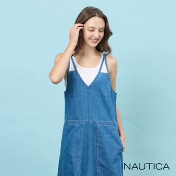 Nautica 官方旗艦 女裝 率性牛仔吊帶長洋裝-藍色