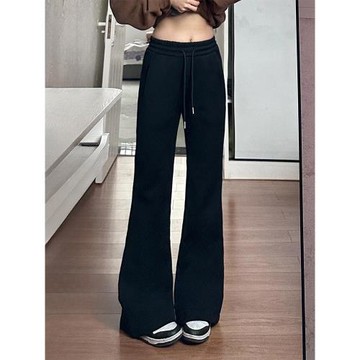 黑色微喇休閑褲女胖妹妹mm秋季新款高腰彈力顯瘦遮胯修身喇叭衛褲