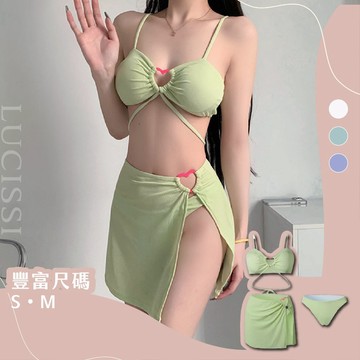 🌊 LUCISSI｜愛心撞色綁帶三件式平口泳裝 含大尺碼 泳裝多件式 韓式泳衣 女裝泳衣 鏤空比基尼 顯瘦 現貨