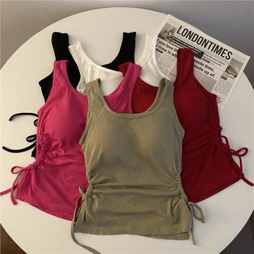 復古綠色帶胸墊背心吊帶女夏露背運動短款鏤空上衣抽繩褶皺打底衫