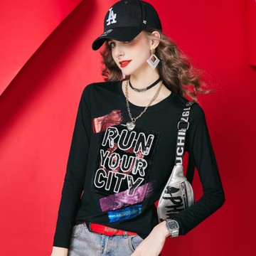 美式復古字母長袖t恤女2025新款春秋內搭加絨加厚黑色修身打底衫