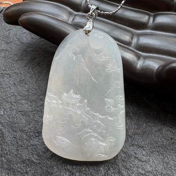冰玻種翡翠 白翡翠 山水牌 翡翠吊墜 天然緬甸翡翠A貨 QJ-80