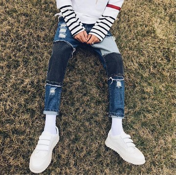 FINDSENSE品牌 男 時尚 潮 深色系 街頭 破洞 補丁 休閒牛仔褲 九分褲 直筒褲