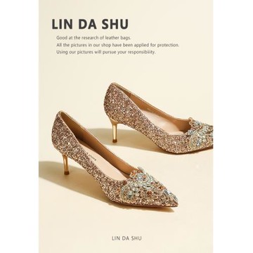【林大叔】水鉆尖頭高跟鞋細跟不累腳小眾高級感兩穿婚鞋女香檳色
