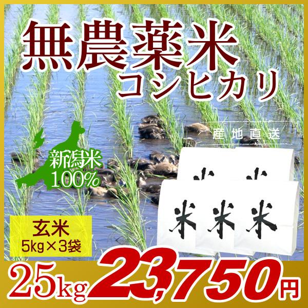 農薬無使用米 新潟 コシヒカリ 玄米 25kg(5kg×5袋)／新米 米 お米 新潟米 アイガモ米 自然栽培 無農薬 有機肥料 岩船産コシヒカリ 高級米