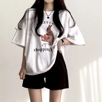 Vuja de 純棉 t恤 短袖上衣女 兔子印花 T恤 韓國上衣 oversize T恤 潮流衣服 寬鬆上衣 ins風