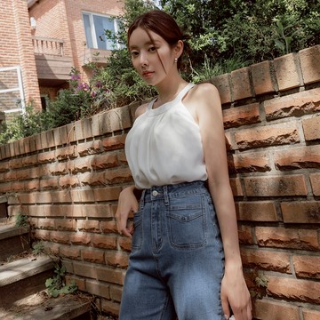 CHIC A SPACE 雪紡削肩後綁帶背心(附胸墊)(藍/奶白) 女裝 現貨 氣質 高級感