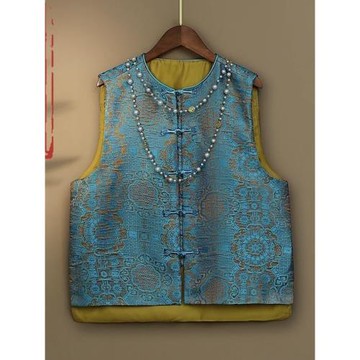 織錦緞提花藍色古風馬甲2024秋裝新款新中式復古盤扣圓領唐裝背心