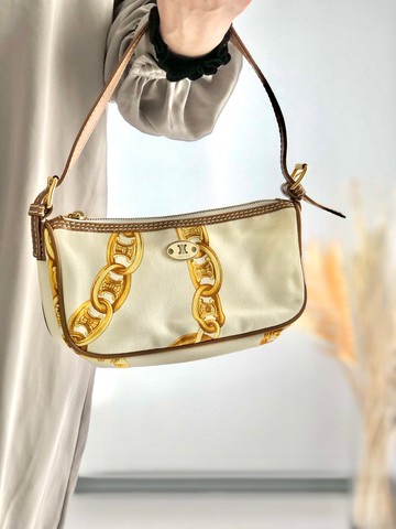 【 日本直送 名牌中古包 】CELINE  સੇલીન 鏈條手提包 白色 標誌 帆布 vintage 古董 vzzbsd