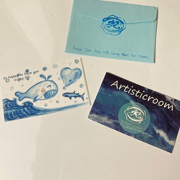 海洋心意卡連信封套 - 原創水彩畫風 -  大肥鯨和小鯊鯊