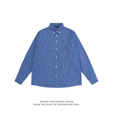 MOISHE TIDE美式logo刺繡寬松格子長袖襯衫男女潮牌百搭休閑襯衣