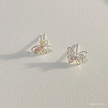 💌僊女精選💌綺夢蝴蝶彩色鋯石S925銀耳釘甜美粉藍精緻耳環高級小巧耳飾 純銀耳環 蝴蝶耳環 養耳針 鋯石耳環 小耳環