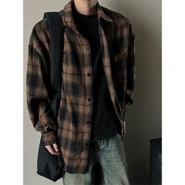 復古格子襯衫男高街vibe寬松百搭翻領長袖襯衣美式休閑帥氣上衣服