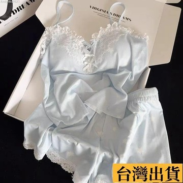 🌈台倉出庫🌈 高級冰雪新款睡衣套裝 蕾絲甜美吊帶睡衣+藍色短褲兩件套 韓係ins風家居服套裝 性感純欲甜辣睡衣女 宮