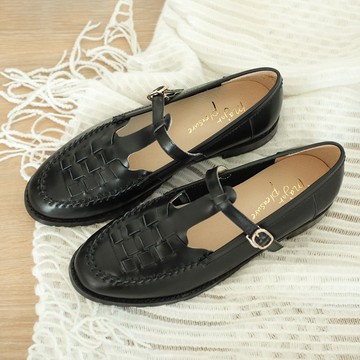 花與愛麗絲! 編織繫帶瑪莉珍鞋 黑 全真皮 MIT -黑加侖