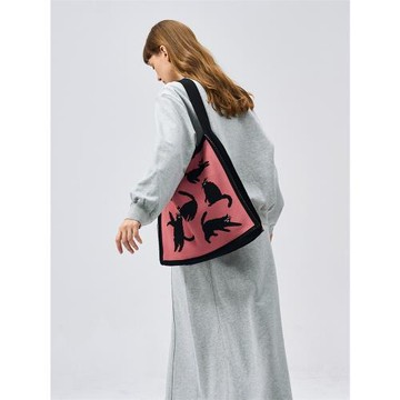 FREEIN原創秋冬新品單肩包針織繡花托特包貓咪印花大容量斜挎包女