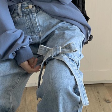大碼胖mm蝴蝶結直筒牛仔褲女2021春秋新款寬松顯瘦百搭闊腿老爹褲