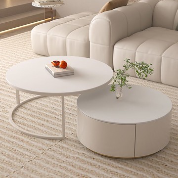 奶油風巖板茶幾小戶型客廳家用輕奢現代純白圓形茶幾桌組合高級感