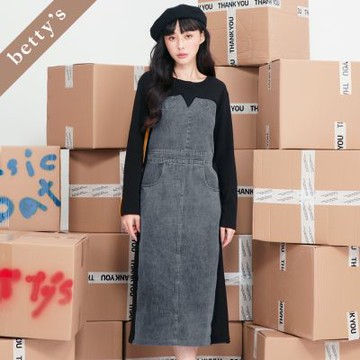 betty’s貝蒂思 牛仔拼接口袋長袖洋裝(黑色)