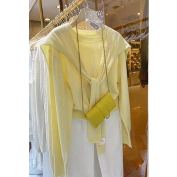 大牌剪標折扣清倉鵝黃色帶披肩針織打底衫女春季通勤百搭長袖上衣